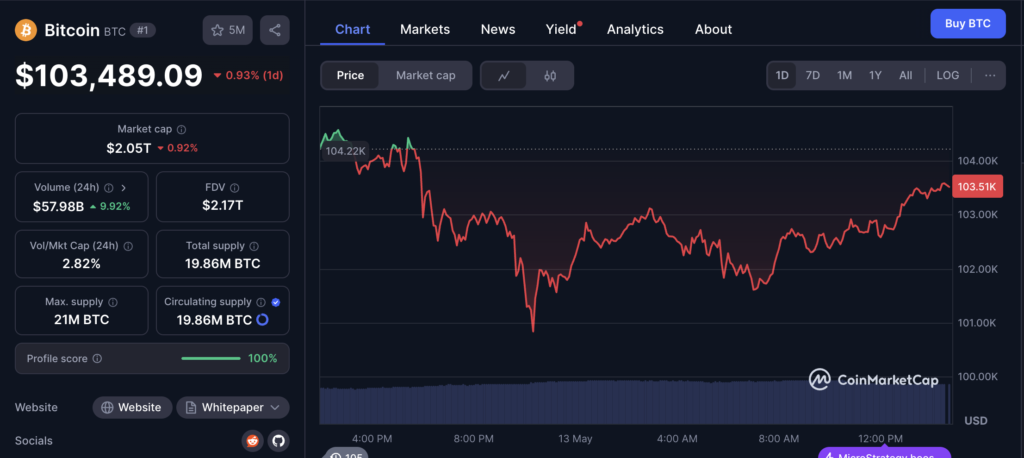 نمودار قیمت و اطلاعات بازار بیت کوین (BTC) - منبع: CoinMarketCap